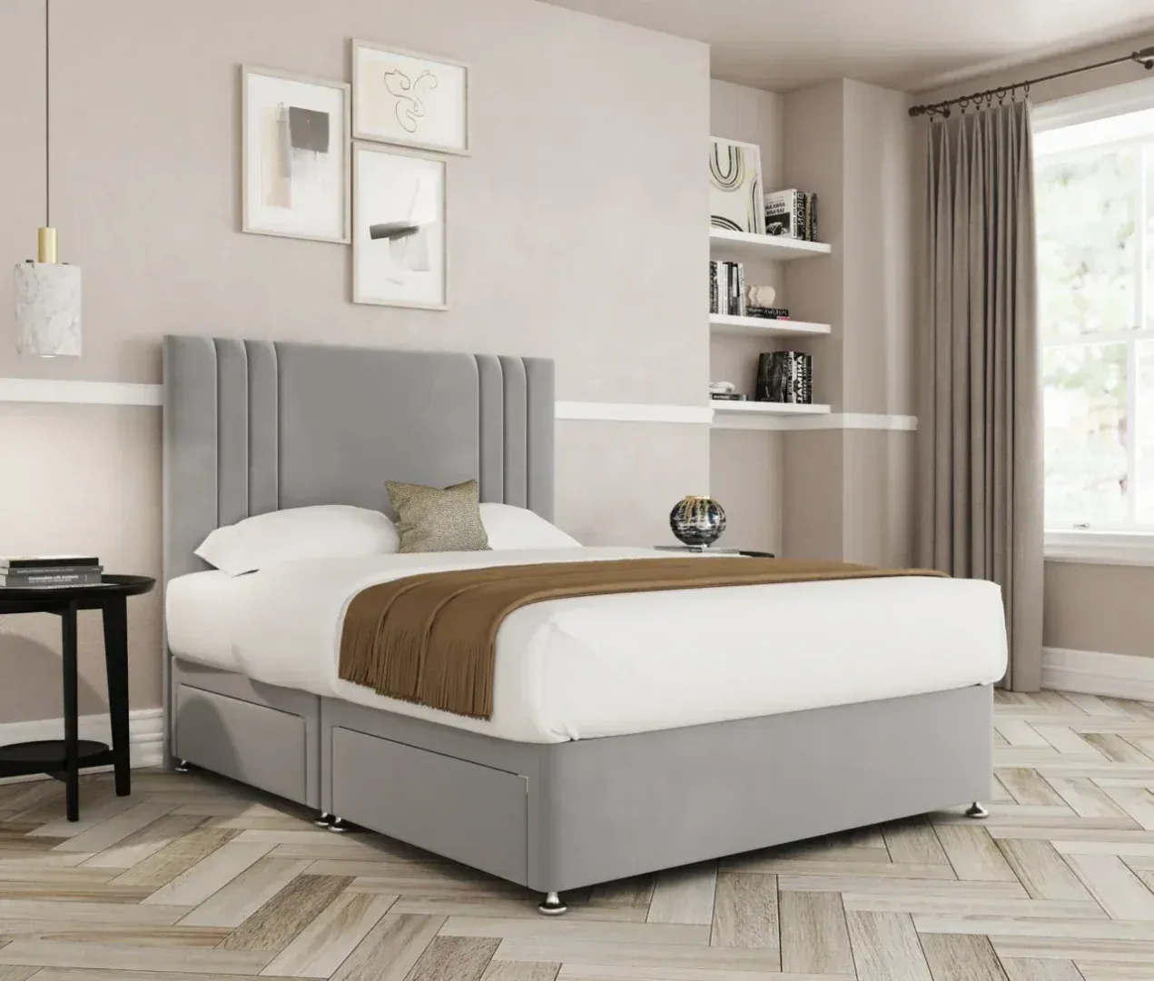 An upholstered ottoman bed in a calm bedroom